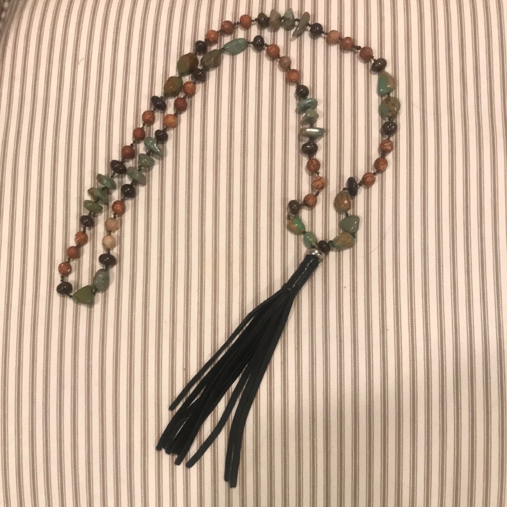 Green Turquoise and Brown Beaded Necklace with Black Leather Tassel
